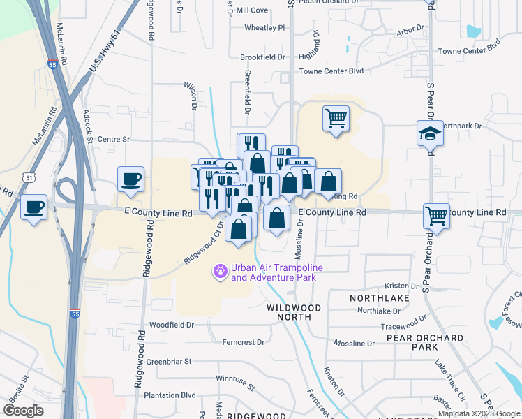 map of restaurants, bars, coffee shops, grocery stores, and more near 1200 East County Line Road in Ridgeland