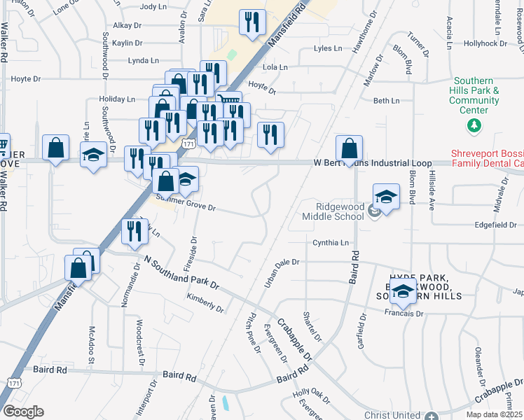 map of restaurants, bars, coffee shops, grocery stores, and more near 9267 Savanna Drive in Shreveport