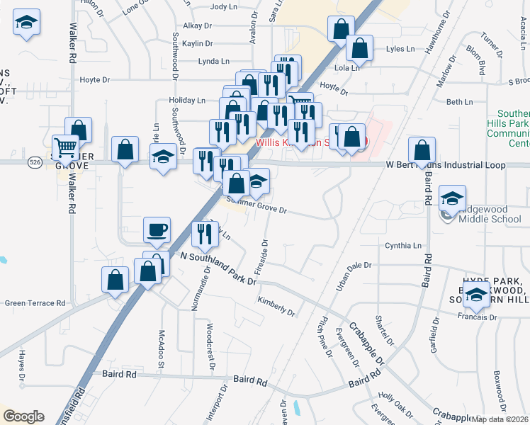 map of restaurants, bars, coffee shops, grocery stores, and more near 9300 Fireside Drive in Shreveport