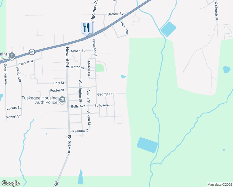 map of restaurants, bars, coffee shops, grocery stores, and more near 2300-2374 George Street in Tuskegee