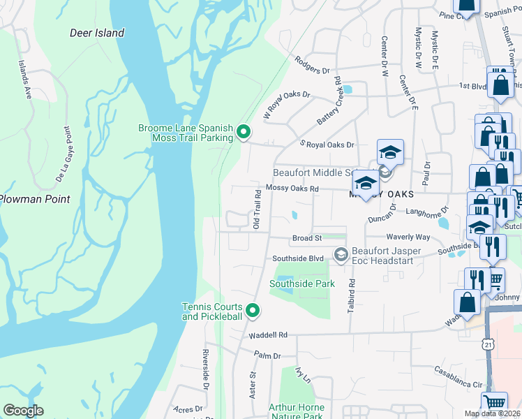 map of restaurants, bars, coffee shops, grocery stores, and more near 1106 Old Trail Road in Beaufort