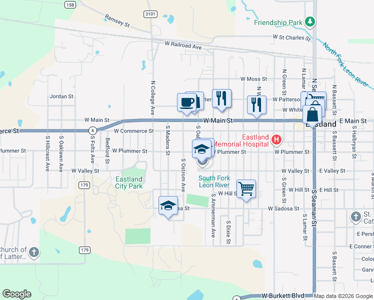 map of restaurants, bars, coffee shops, grocery stores, and more near 212 South Ostrom Avenue in Eastland