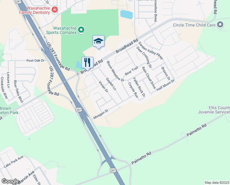 map of restaurants, bars, coffee shops, grocery stores, and more near 214 Gayleh Lane in Waxahachie
