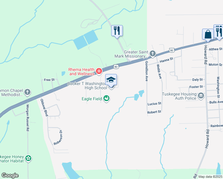map of restaurants, bars, coffee shops, grocery stores, and more near 3803 West Martin Luther King Highway in Tuskegee