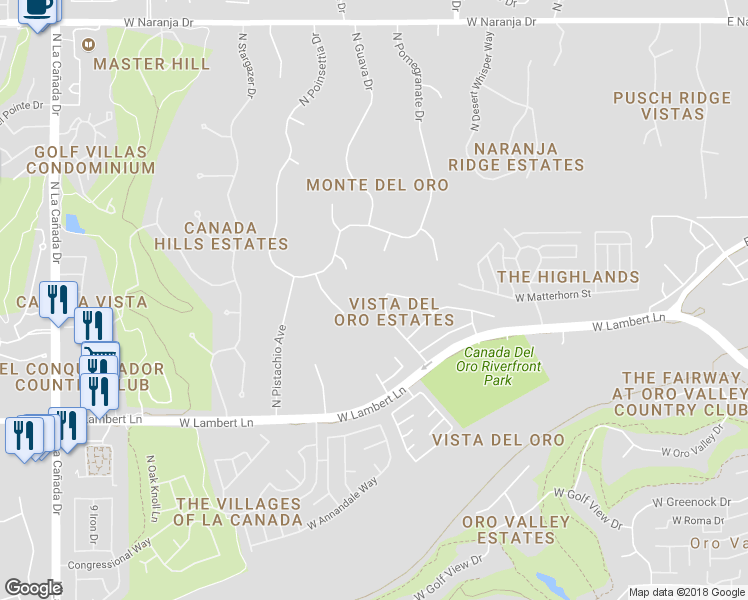 map of restaurants, bars, coffee shops, grocery stores, and more near 10649 North Camino Rosas Nuevas in Oro Valley
