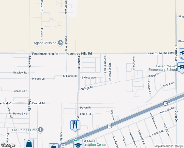 map of restaurants, bars, coffee shops, grocery stores, and more near 5915 Moon View Drive in Las Cruces