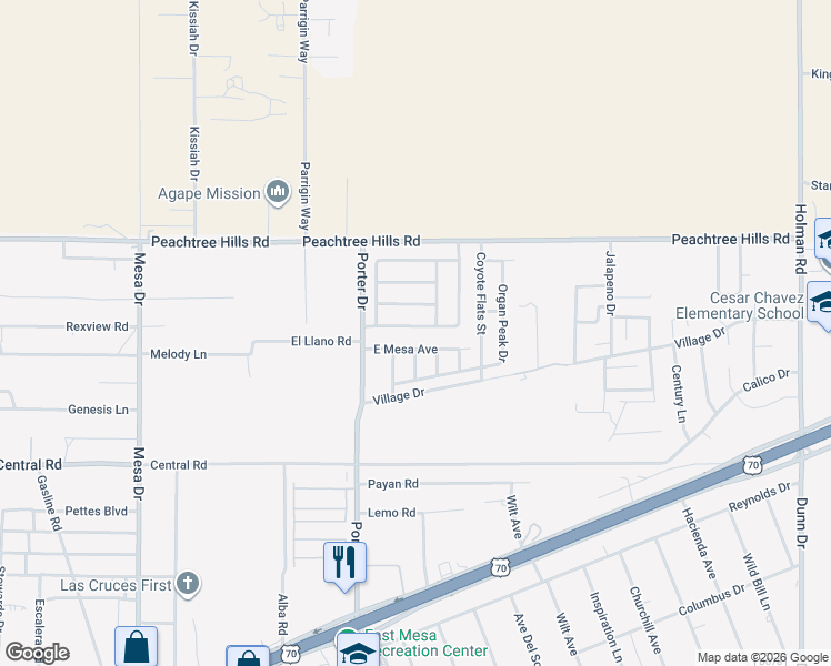 map of restaurants, bars, coffee shops, grocery stores, and more near 5915 Moon View Drive in Las Cruces