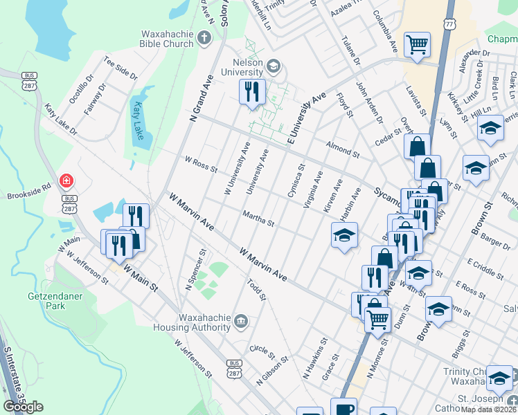 map of restaurants, bars, coffee shops, grocery stores, and more near 213 East University Avenue in Waxahachie