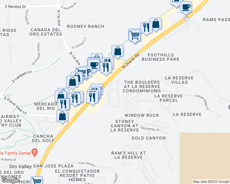 map of restaurants, bars, coffee shops, grocery stores, and more near 10730 North Oracle Road in Oro Valley