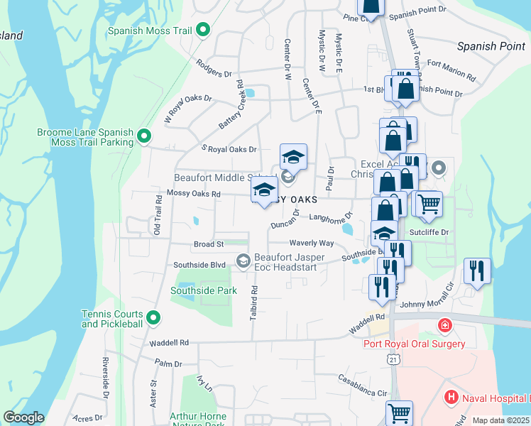 map of restaurants, bars, coffee shops, grocery stores, and more near 2510 Mossy Oaks Road in Beaufort