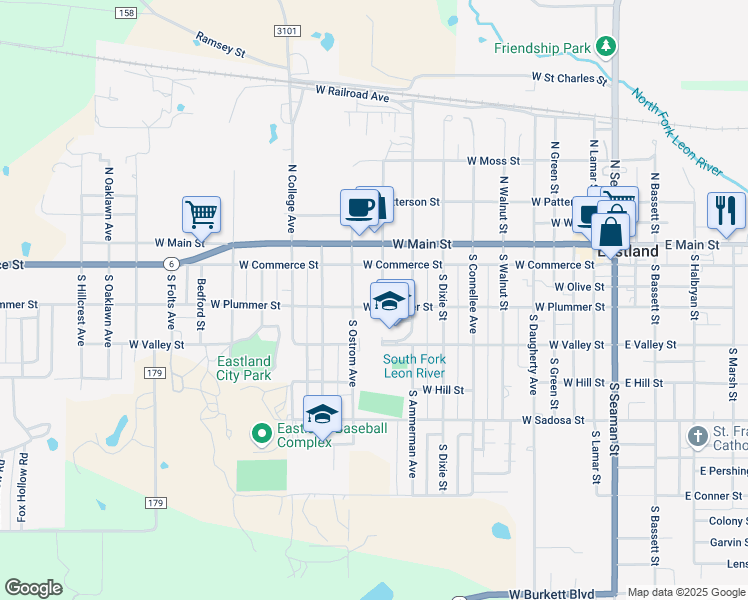 map of restaurants, bars, coffee shops, grocery stores, and more near 212 South Ostrom Avenue in Eastland