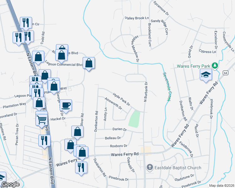 map of restaurants, bars, coffee shops, grocery stores, and more near 5745 Hyde Park Drive in Montgomery