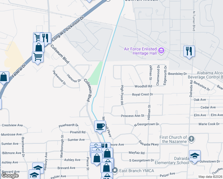 map of restaurants, bars, coffee shops, grocery stores, and more near 3418 Woodhill Road in Montgomery