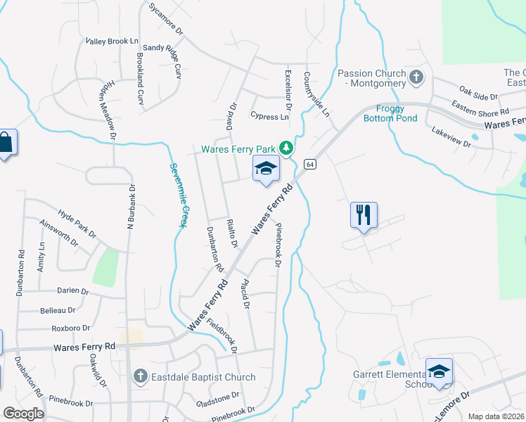 map of restaurants, bars, coffee shops, grocery stores, and more near 6359 Wares Ferry Road in Montgomery