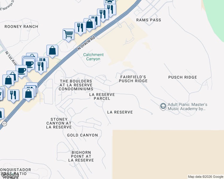 map of restaurants, bars, coffee shops, grocery stores, and more near 1887 East Buck Ridge Place in Tucson
