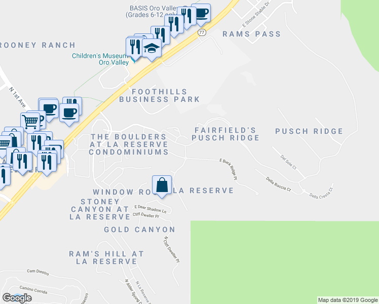 map of restaurants, bars, coffee shops, grocery stores, and more near 1887 East Buck Ridge Place in Tucson