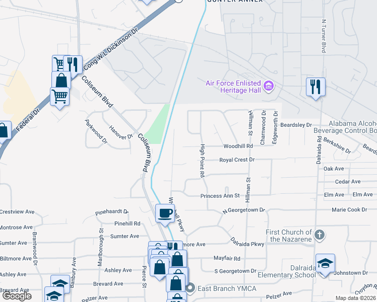 map of restaurants, bars, coffee shops, grocery stores, and more near 3418 Woodhill Road in Montgomery