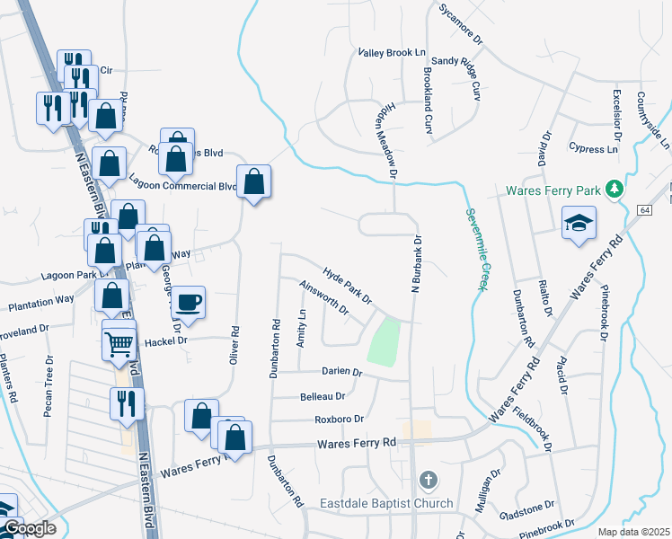map of restaurants, bars, coffee shops, grocery stores, and more near 5745 Hyde Park Drive in Montgomery