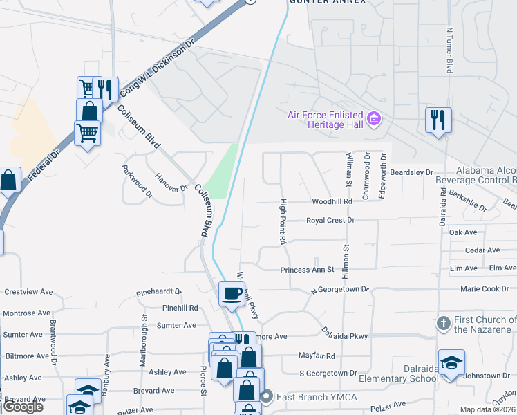 map of restaurants, bars, coffee shops, grocery stores, and more near 3412 Woodhill Road in Montgomery