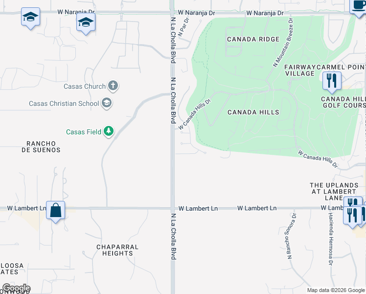 map of restaurants, bars, coffee shops, grocery stores, and more near 2075 West Hidden Pointe Court in Oro Valley