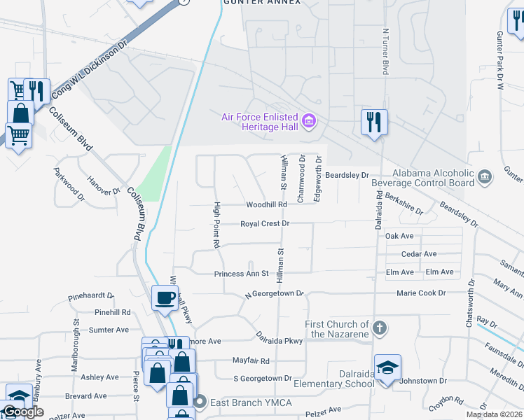 map of restaurants, bars, coffee shops, grocery stores, and more near 3630 Woodhill Road in Montgomery