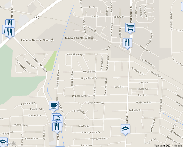 map of restaurants, bars, coffee shops, grocery stores, and more near 3630 Woodhill Road in Montgomery