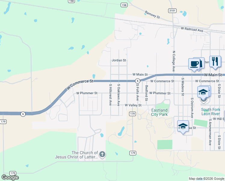 map of restaurants, bars, coffee shops, grocery stores, and more near 304 South Hillcrest Avenue in Eastland