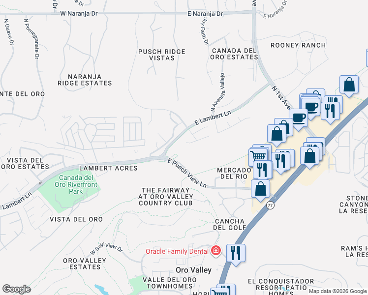 map of restaurants, bars, coffee shops, grocery stores, and more near 238 East Shore Cliff Place in Oro Valley