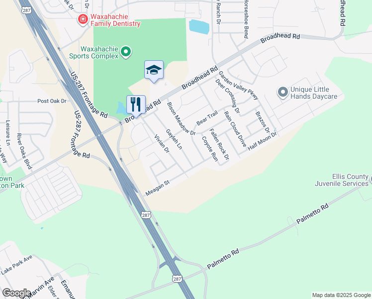 map of restaurants, bars, coffee shops, grocery stores, and more near 215 Gayleh Ln in Waxahachie