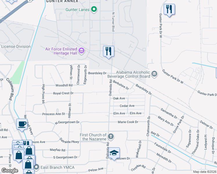 map of restaurants, bars, coffee shops, grocery stores, and more near 1155 Dalraida Road in Montgomery