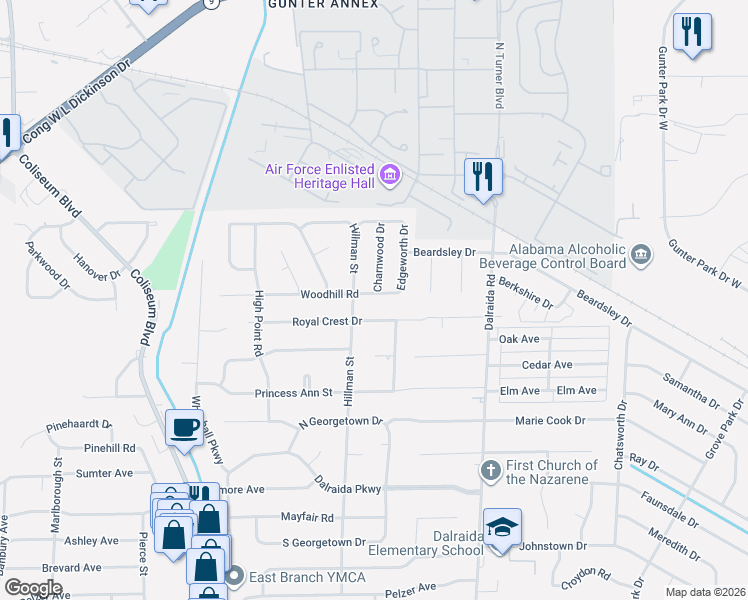map of restaurants, bars, coffee shops, grocery stores, and more near 3714 Woodhill Road in Montgomery