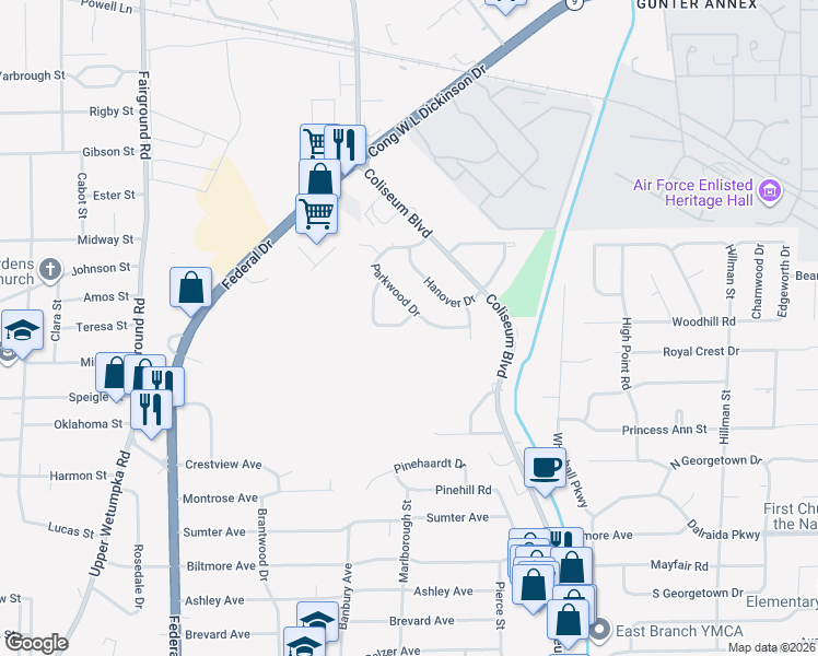 map of restaurants, bars, coffee shops, grocery stores, and more near 933 Parkwood Court in Montgomery