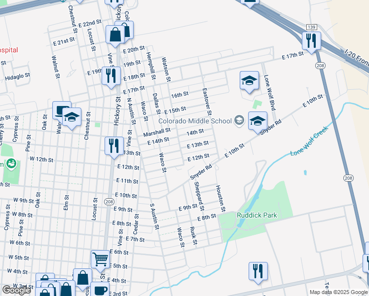 map of restaurants, bars, coffee shops, grocery stores, and more near 907 13th St in Colorado City
