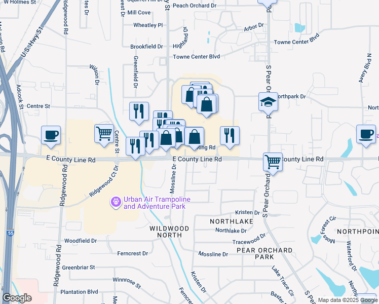 map of restaurants, bars, coffee shops, grocery stores, and more near 1240 East County Line Road in Ridgeland