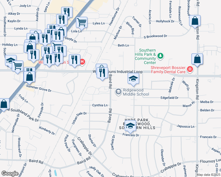 map of restaurants, bars, coffee shops, grocery stores, and more near 9206 Baird Road in Shreveport