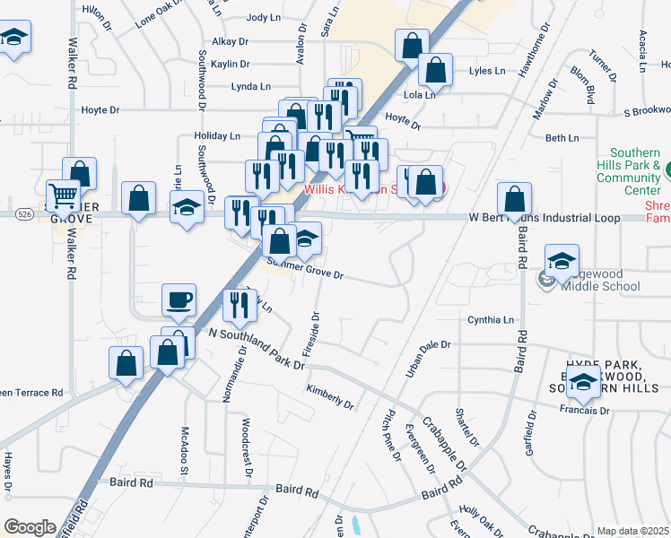 map of restaurants, bars, coffee shops, grocery stores, and more near 2810 Summer Grove Drive in Shreveport