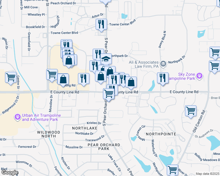 map of restaurants, bars, coffee shops, grocery stores, and more near 1600 East County Line Road in Ridgeland