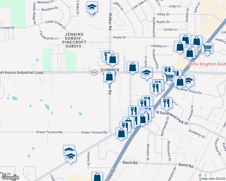 map of restaurants, bars, coffee shops, grocery stores, and more near 9227 Walker Rd in Shreveport