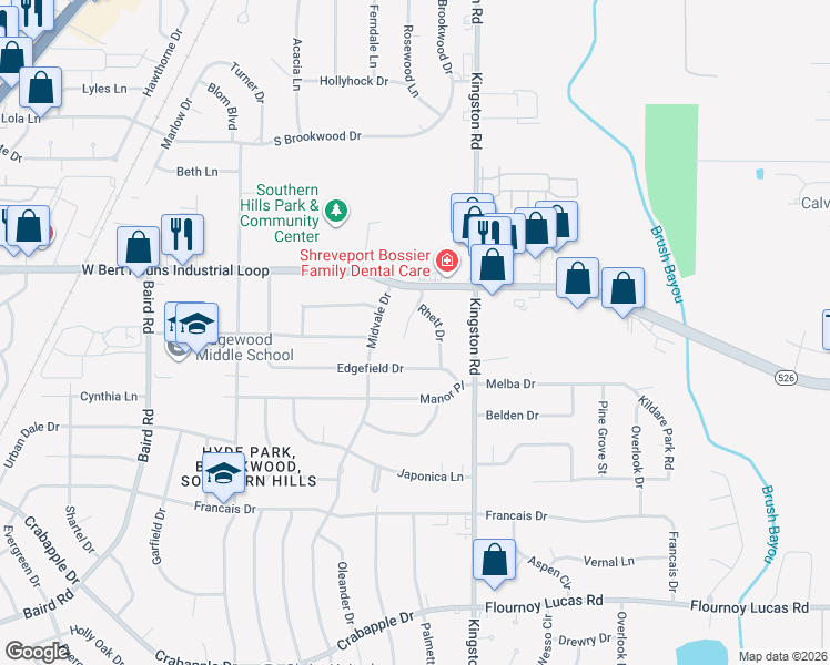 map of restaurants, bars, coffee shops, grocery stores, and more near 9221 Rhett Cir in Shreveport