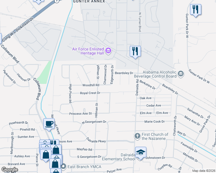 map of restaurants, bars, coffee shops, grocery stores, and more near 3714 Woodhill Road in Montgomery