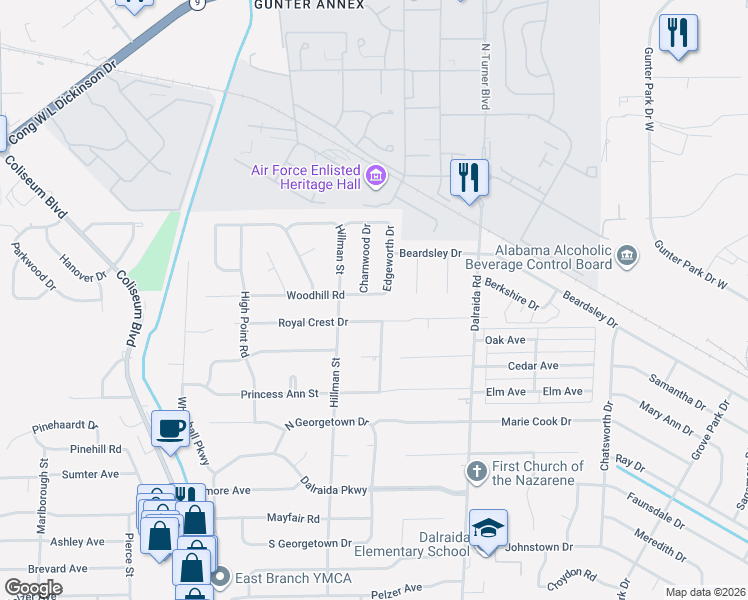 map of restaurants, bars, coffee shops, grocery stores, and more near 3714 Woodhill Road in Montgomery