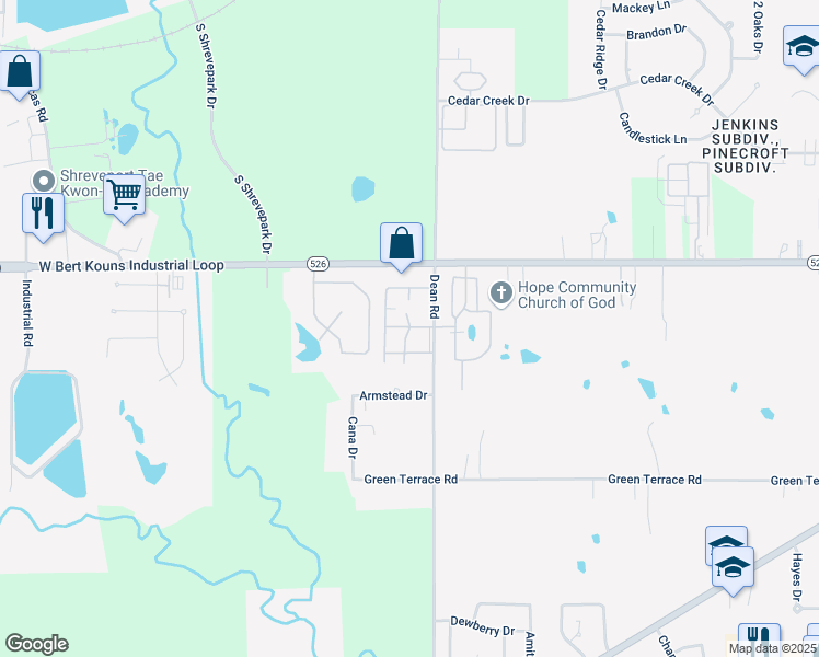 map of restaurants, bars, coffee shops, grocery stores, and more near 9250 Dean Road in Shreveport