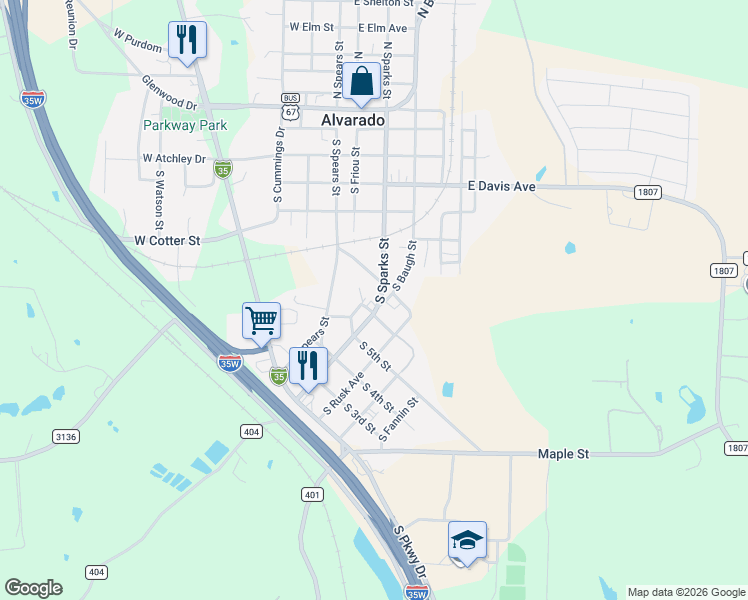 map of restaurants, bars, coffee shops, grocery stores, and more near 708 South Sparks Street in Alvarado