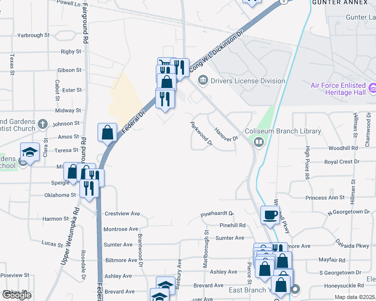 map of restaurants, bars, coffee shops, grocery stores, and more near 961 Parkwood Court in Montgomery