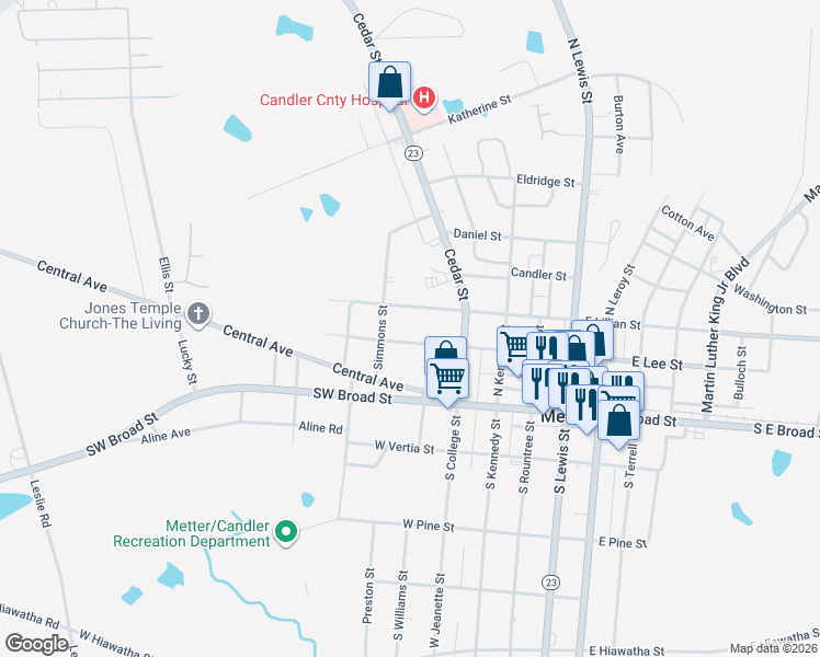 map of restaurants, bars, coffee shops, grocery stores, and more near 418 West Lee Street in Metter