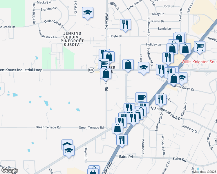 map of restaurants, bars, coffee shops, grocery stores, and more near 9227 Walker Road in Shreveport