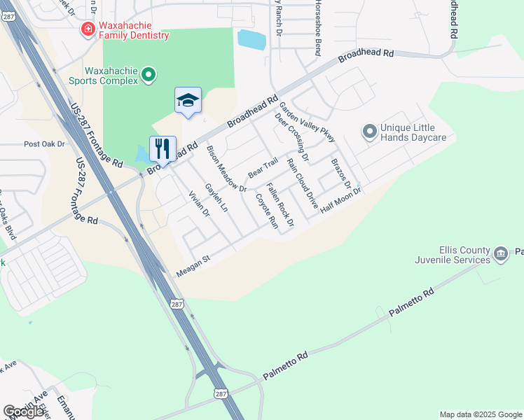 map of restaurants, bars, coffee shops, grocery stores, and more near 108 Bear Trail in Waxahachie