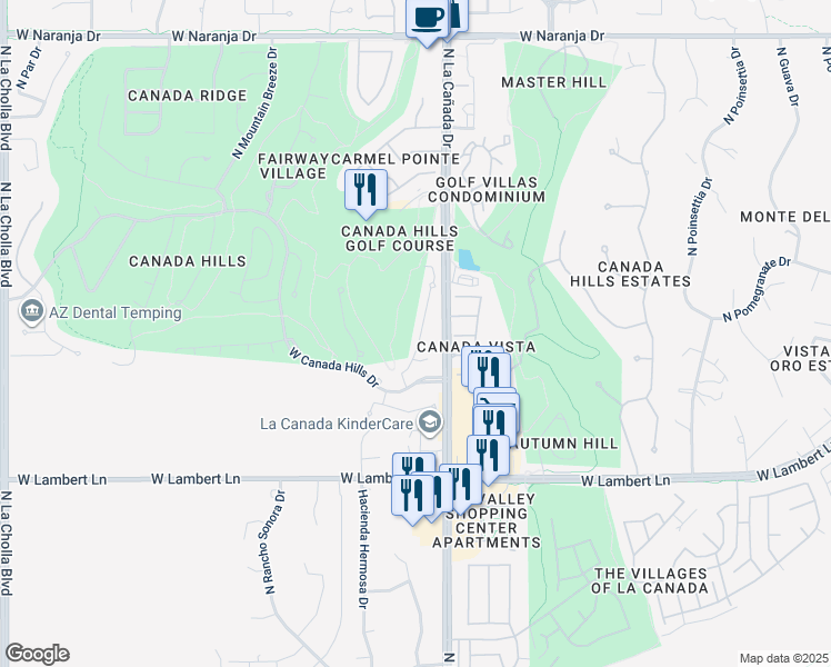 map of restaurants, bars, coffee shops, grocery stores, and more near 10661 North Thunder Hill Place in Tucson