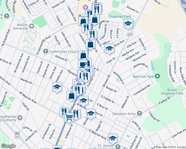 map of restaurants, bars, coffee shops, grocery stores, and more near 1304 Ferris Avenue in Waxahachie