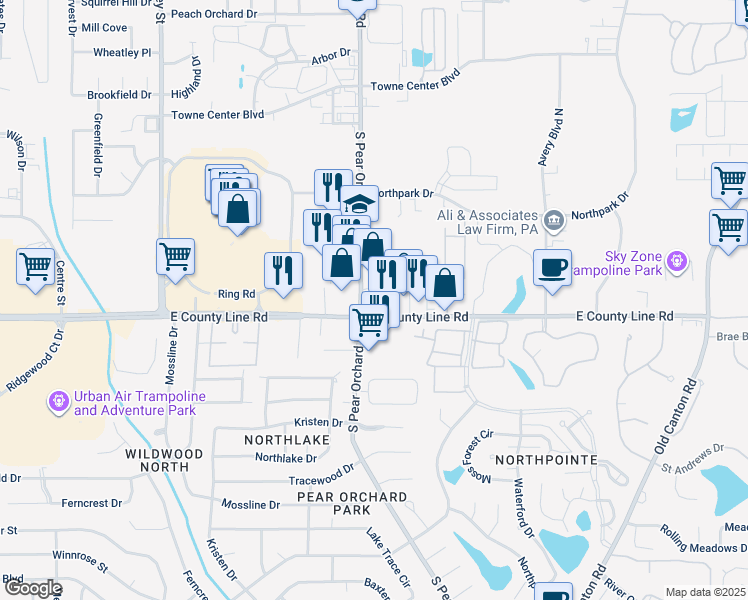 map of restaurants, bars, coffee shops, grocery stores, and more near 1600 East County Line Road in Ridgeland